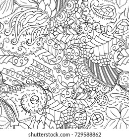 Tracery seamless pattern. Mehndi design. Ethnic monochrome binary doodle texture. Curved doodling black and white background. Vector