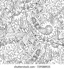 Tracery seamless pattern. Mehndi design. Ethnic monochrome binary doodle texture. Curved doodling black and white background. Vector