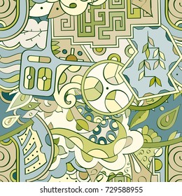Tracery seamless pattern. Mehndi design. Ethnic colorful doodle texture. Curved doodling background. Vector