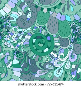 Tracery seamless pattern. Mehndi design. Ethnic colorful doodle texture. Curved doodling background. Vector