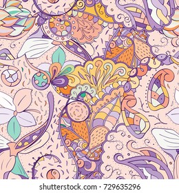 Tracery seamless pattern. Mehndi design. Ethnic colorful doodle texture. Curved doodling background. Vector
