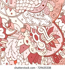 Tracery seamless pattern. Mehndi design. Ethnic colorful doodle texture. Curved doodling background. Vector