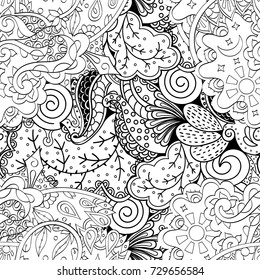 Tracery seamless pattern. Mehndi design. Ethnic monochrome binary doodle texture. Curved doodling black and white background. Vector