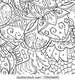 Tracery seamless pattern. Mehndi design. Ethnic monochrome binary doodle texture. Curved doodling black and white background. Vector