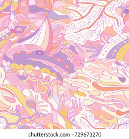 Tracery seamless pattern. Mehndi design. Ethnic colorful doodle texture. Curved doodling background. Vector