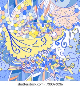 Tracery seamless pattern. Mehndi design. Ethnic colorful doodle texture. Curved doodling background. Vector