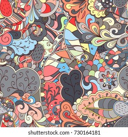 Tracery seamless pattern. Mehndi design. Ethnic colorful doodle texture. Curved doodling background. Vector