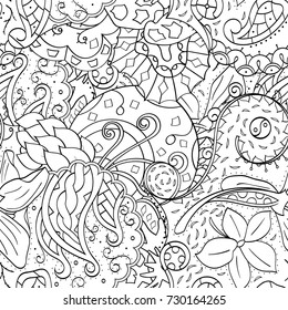 Tracery seamless pattern. Mehndi design. Ethnic monochrome binary doodle texture. Curved doodling black and white background. Vector