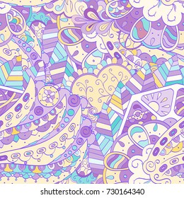 Tracery seamless pattern. Mehndi design. Ethnic colorful doodle texture. Curved doodling background. Vector