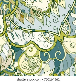 Tracery seamless pattern. Mehndi design. Ethnic colorful doodle texture. Curved doodling background. Vector