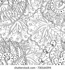 Tracery seamless pattern. Mehndi design. Ethnic monochrome binary doodle texture. Curved doodling black and white background. Vector