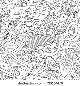 Tracery seamless pattern. Mehndi design. Ethnic monochrome binary doodle texture. Curved doodling black and white background. Vector