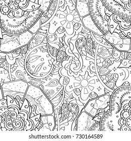Tracery seamless pattern. Mehndi design. Ethnic monochrome binary doodle texture. Curved doodling black and white background. Vector
