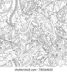 Tracery seamless pattern. Mehndi design. Ethnic monochrome binary doodle texture. Curved doodling black and white background. Vector