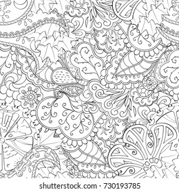Tracery seamless pattern. Mehndi design. Ethnic monochrome binary doodle texture. Curved doodling black and white background. Vector