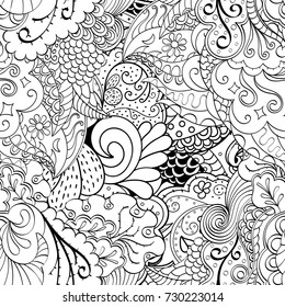 Tracery seamless pattern. Mehndi design. Ethnic monochrome binary doodle texture. Curved doodling black and white background. Vector