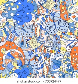 Tracery seamless pattern. Mehndi design. Ethnic colorful doodle texture. Curved doodling background. Vector