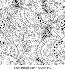 Tracery seamless pattern. Mehndi design. Ethnic monochrome binary doodle texture. Curved doodling black and white background. Vector