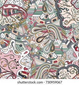 Tracery seamless pattern. Mehndi design. Ethnic colorful doodle texture. Curved doodling background. Vector
