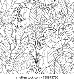 Tracery seamless pattern. Mehndi design. Ethnic monochrome binary doodle texture. Curved doodling black and white background. Vector