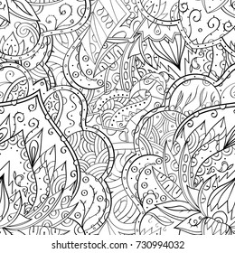 Tracery seamless pattern. Mehndi design. Ethnic monochrome binary doodle texture. Curved doodling black and white background. Vector