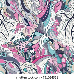 Tracery seamless pattern. Mehndi design. Ethnic colorful doodle texture. Curved doodling background. Vector