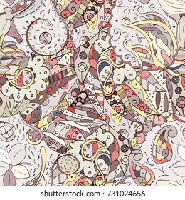 Tracery seamless pattern. Mehndi design. Ethnic colorful doodle texture. Curved doodling background. Vector