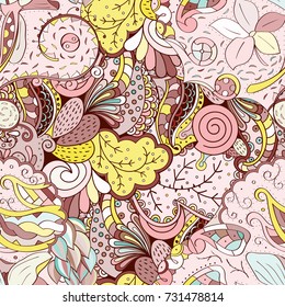 Tracery seamless pattern. Mehndi design. Ethnic colorful doodle texture. Curved doodling background. Vector