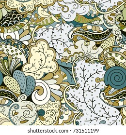 Tracery seamless pattern. Mehndi design. Ethnic colorful doodle texture. Curved doodling background. Vector