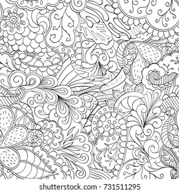 Tracery seamless pattern. Mehndi design. Ethnic monochrome binary doodle texture. Curved doodling black and white background. Vector