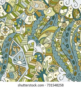 Tracery seamless pattern. Mehndi design. Ethnic colorful doodle texture. Curved doodling background. Vector