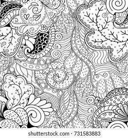 Tracery seamless pattern. Mehndi design. Ethnic monochrome binary doodle texture. Curved doodling black and white background. Vector
