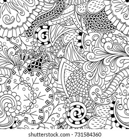 Tracery seamless pattern. Mehndi design. Ethnic monochrome binary doodle texture. Curved doodling black and white background. Vector