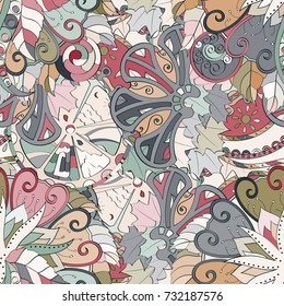 Tracery seamless pattern. Mehndi design. Ethnic colorful doodle texture. Curved doodling background. Vector