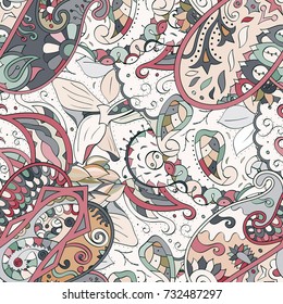 Tracery seamless pattern. Mehndi design. Ethnic colorful doodle texture. Curved doodling background. Vector