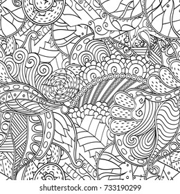 Tracery seamless pattern. Mehndi design. Ethnic monochrome binary doodle texture. Curved doodling black and white background. Vector