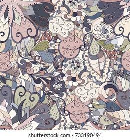 Tracery seamless pattern. Mehndi design. Ethnic colorful doodle texture. Curved doodling background. Vector