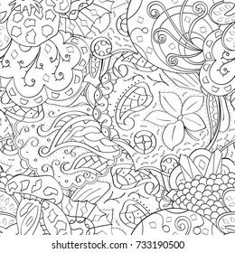 Tracery seamless pattern. Mehndi design. Ethnic monochrome binary doodle texture. Curved doodling black and white background. Vector