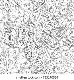 Tracery seamless pattern. Mehndi design. Ethnic monochrome binary doodle texture. Curved doodling black and white background. Vector