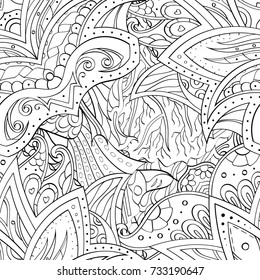 Tracery seamless pattern. Mehndi design. Ethnic monochrome binary doodle texture. Curved doodling black and white background. Vector