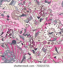 Tracery seamless pattern. Mehndi design. Ethnic colorful doodle texture. Curved doodling background. Vector