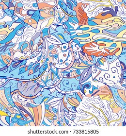 Tracery seamless pattern. Mehndi design. Ethnic colorful doodle texture. Curved doodling background. Vector