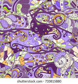 Tracery seamless pattern. Mehndi design. Ethnic colorful doodle texture. Curved doodling background. Vector