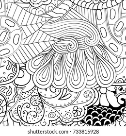 Tracery seamless pattern. Mehndi design. Ethnic monochrome binary doodle texture. Curved doodling black and white background. Vector