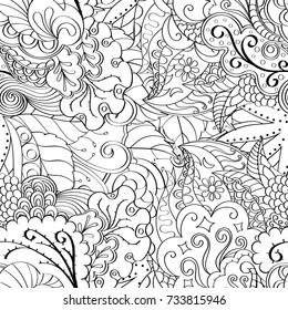 Tracery seamless pattern. Mehndi design. Ethnic monochrome binary doodle texture. Curved doodling black and white background. Vector