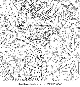Tracery seamless pattern. Mehndi design. Ethnic monochrome binary doodle texture. Curved doodling black and white background. Vector