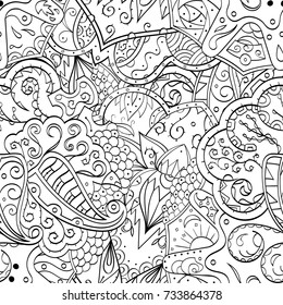Tracery seamless pattern. Mehndi design. Ethnic monochrome binary doodle texture. Curved doodling black and white background. Vector