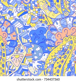 Tracery seamless pattern. Mehndi design. Ethnic colorful doodle texture. Curved doodling background. Vector