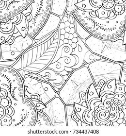 Tracery seamless pattern. Mehndi design. Ethnic monochrome binary doodle texture. Curved doodling black and white background. Vector