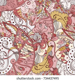 Tracery seamless pattern. Mehndi design. Ethnic colorful doodle texture. Curved doodling background. Vector
